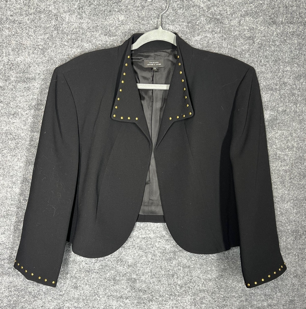 Tahari Cropped Blazer Jacket Womens 18W Black Studded Rock Nigh Out Modern Chic